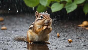 Chipmunk Eating Nuts In Rain photo