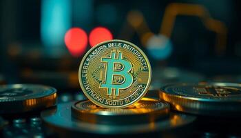 Gold and Teal Bitcoin Cryptocurrency Coin on Stack of Coins photo