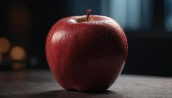 Fresh Red Apple With Water Drops On Dark Surface photo