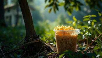 Container Of Noodles Outdoors Under Sunlight Natural Lighting With Edible Foodstuff Background Fresh Leaves And Plants And Trees In Sunny Weather Environment On Ground And Nature Scenery And photo
