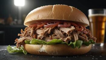 Tasty Pulled Pork Sandwich On Dark Backgrounds and toppings with fresh ingredients including lettuce tomato and onions with sauces of different flavors. delicious sandwich for a lunch or dinner photo