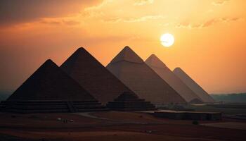 Silhouetted Pyramids at Sunset in the Desert photo