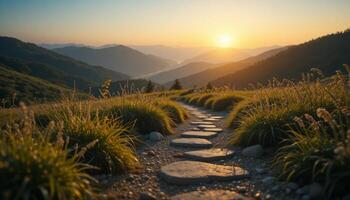 Sunrise Mountain Path Golden Light over Grassy Meadow photo