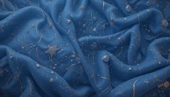 Blue Fabric with Gold Star Pattern and Glitter Texture photo