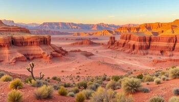 Panoramic Desert Landscape at Sunset with Red Rock Formations photo