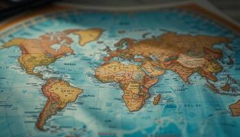 Detailed Vintage World Map with Textured Surface and Warm Lighting photo