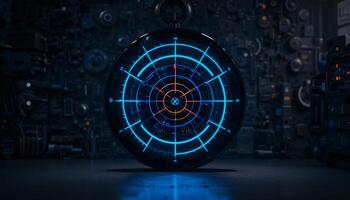 Glowing Blue Circular Radar Screen in Dark Industrial Setting photo