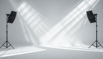 Studio Photography Setup with Dramatic Lighting and Grey Backdrop photo