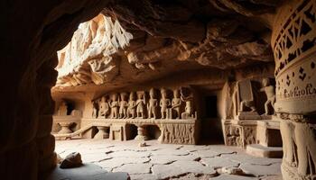 Ancient Sandstone Cave with Intricate Carvings and Architectural Details photo