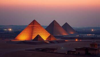 Illuminated Pyramids at Sunset in the Egyptian Desert photo