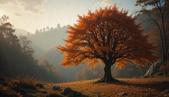 Autumn Tree in Misty Mountain Valley photo