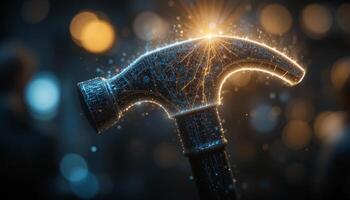 Glowing Blue and Gold Particle Hammer on Dark Bokeh Background photo