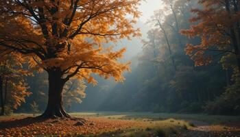 Autumn Forest Scene Golden Tree and Misty Sunlight photo