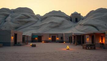 Desert Village at Sunset with Illuminated Adobe Buildings and Rocky Mountains photo