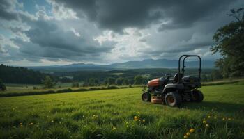 Orange and Black Utility Vehicle in Lush Green Field Under Dramatic Sky photo