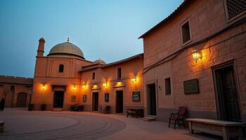 Earthen Buildings at Twilight with Golden Dome photo