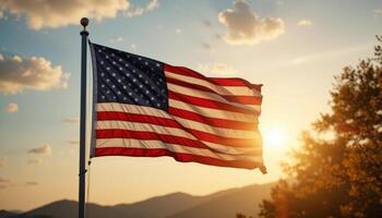 American Flag at Sunset with Mountain Background photo