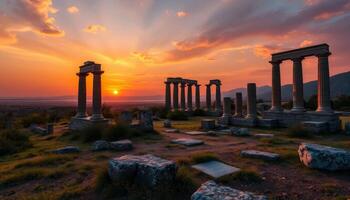 Ancient Stone Ruins at Sunset with Panoramic Valley View photo