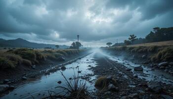 Misty Stream Under a Dark Cloudy Sky photo