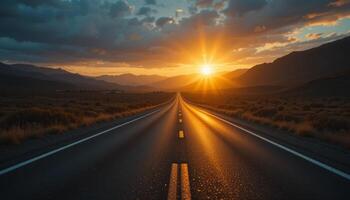 Sunset Highway Asphalt Road Leading to Mountains photo