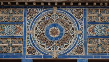 Intricate Blue and Brown Geometric Tilework with Floral Motif photo