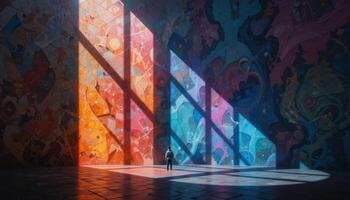 Lone Figure in Colorful Abstract Room with Sunlit Shadows photo