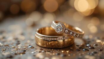 Gold Wedding Rings with Diamonds on Sparkling Background photo