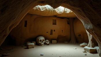 Ancient Cave Interior with Three Skulls photo