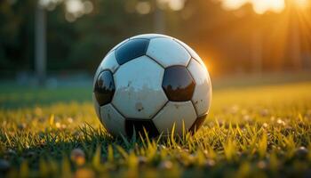 a soccer ball sits on the grass in front of the sun photo
