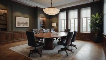 Elegant Boardroom with Dark Wood Furnishings and Large Round Table photo