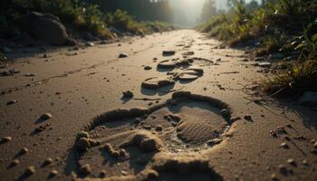 Sunlit Footprints in Sandy Path at Dawn photo