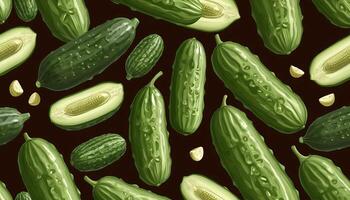 Green Cucumbers Pattern on Dark Brown Background photo