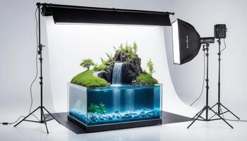 Miniature Waterfall Aquarium Display Under Studio Lighting photo