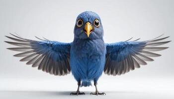Blue Parrot with Wings Spread, Fluffy Feathers, White Background photo