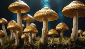 Close Up Group Of Golden Mushrooms On Mossy Forest Floor photo
