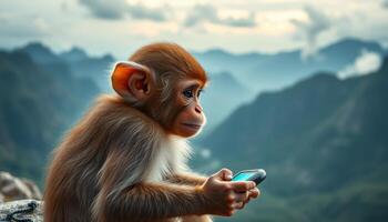 Baby Monkey Holding Smartphone On Mountaintop photo