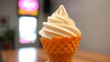 Creamy Soft Serve Ice Cream in a Yellow Waffle Cone photo