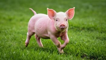 Small Pink Piglet Running Playfully Through Lush Green Grass Under Bright Sunshine photo