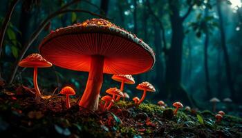 Glowing Red Mushrooms In Dark Forest photo