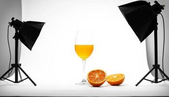 Studio Shot Of Juice In Wine Glass With Fruit Slices with Lighting And Details For Commercial Use of Food Photography Style and Visual Appeal for Restaurant or Cafe Menu Concept. Simple Still Life photo