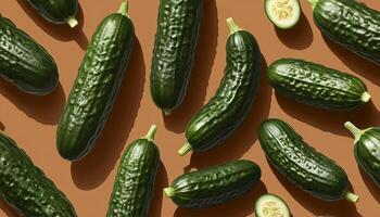 Dark Green Cucumbers on Brown Background photo