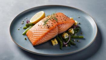 Grilled Salmon Fillet with Green Beans and Lemon photo