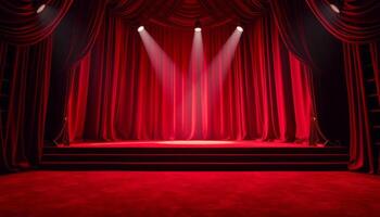 Red Stage With Spotlights And Draped Curtains photo