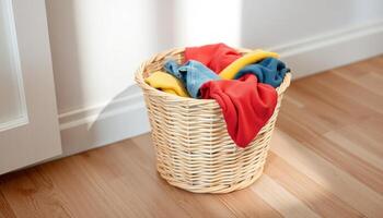Laundry Basket with Colorful Clothes on Wooden Floor photo