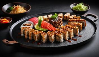 Assorted Sushi Platter on Dark Tray with Garnishes photo
