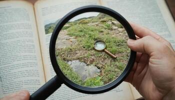 Magnifying Glass Examining Detailed Nature Through Old Book Page photo