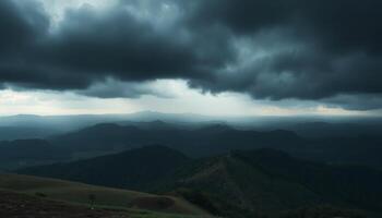 Stormy Clouds Over Mountain Landscape With Cityscape Below photo