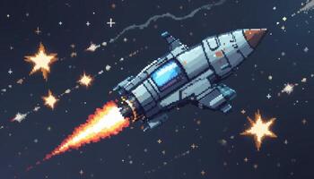 Pixel Art Spaceship Launching into Starry Night Sky photo