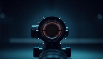 Close Up View of a Rifle Scope Glowing Crosshairs at Night Dark Blue Background photo