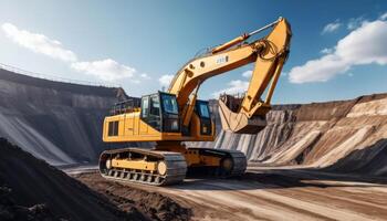 Large Excavator In Open Pit Mining Site keywords excavator,construction,heavy machinery,digger,earthmoving,yellow,gold,machinery,mining,industrial,equipment,dig,dirt,sand,track,loader,construction photo
